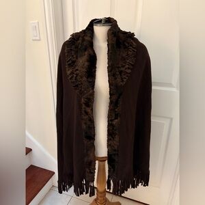 Simon Chang Brown Wool Cape with Faux Fur Trim
